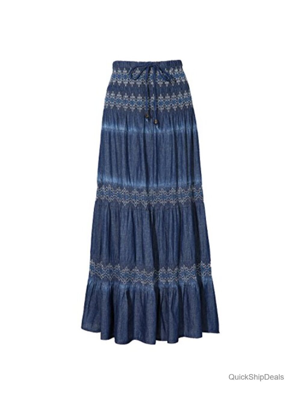 High Waist Pleated Tiered Maxi Skirt Cotton Chambray Casual